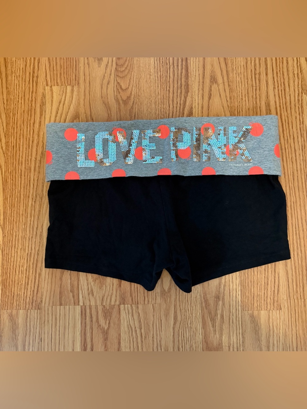VS Pink Black Y2K Sequin Bling Polka Dot Foldover Yoga Shorts L